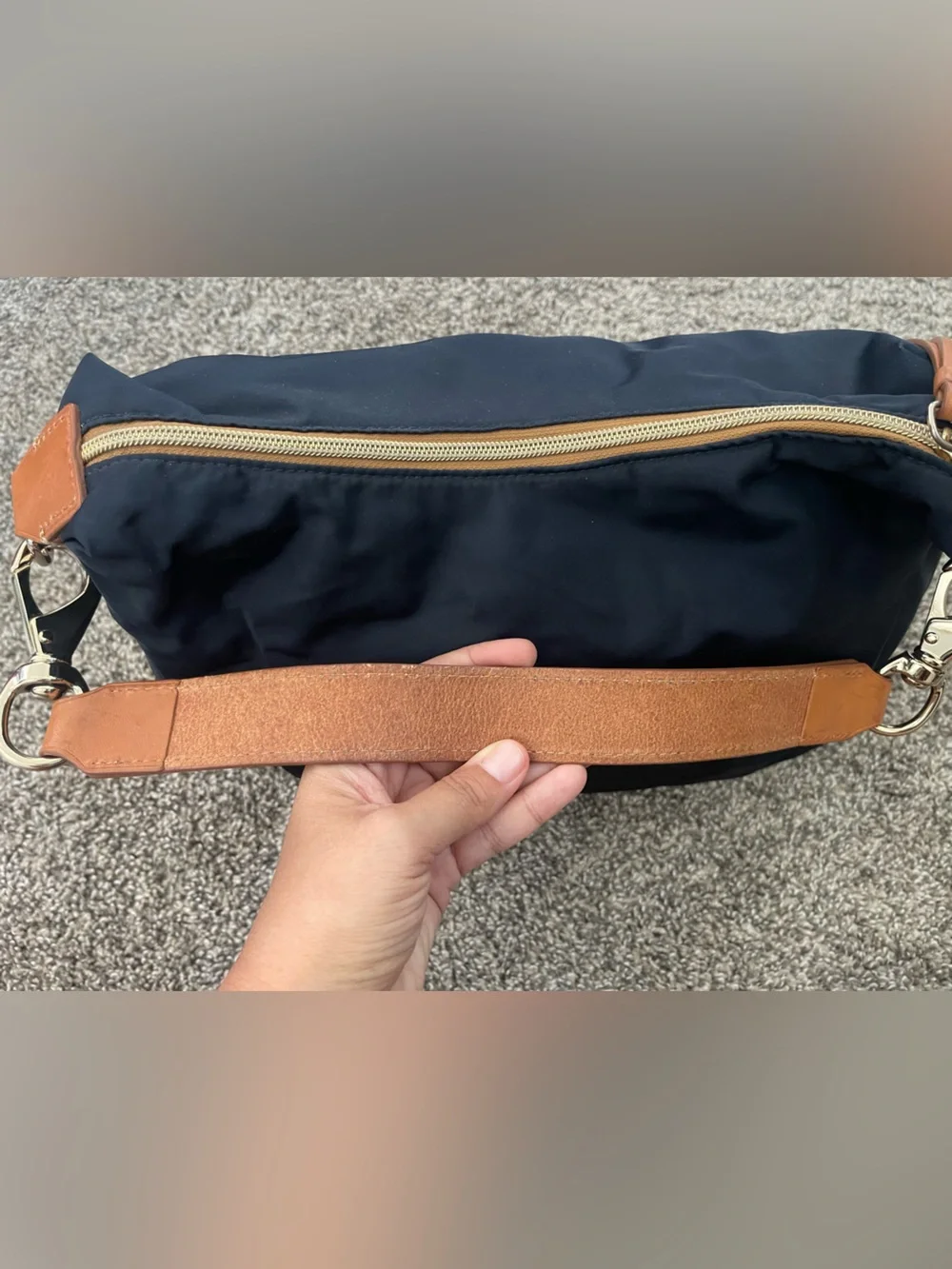 Dooney & Bourke Navy Blue Nylon Hobo Shoulder Bag W/ Brown Leather Trim Tassel